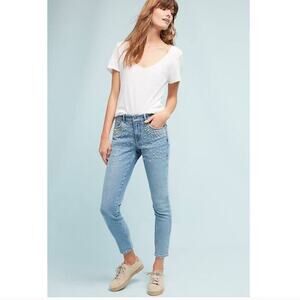 Anthropologie x Pilcro Script Faux Pearl Embellished Blue Denim Skinny Jeans